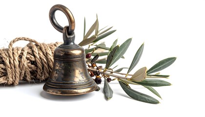 Still Life with Bronze Bell, Olive Branch, and Jute Twine on White Background