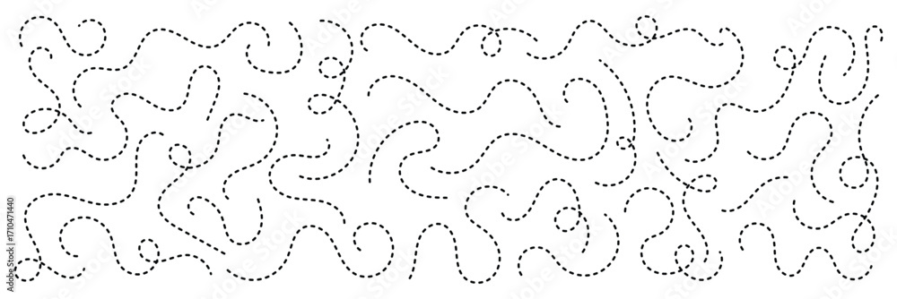 Poster dashed hand drawn squiggle loopy line vector. dotted spiral curve line. hand sketched curly border. 