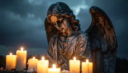 A graveyard angel statue crying black tears glowing candlelight around her stormy gray background
