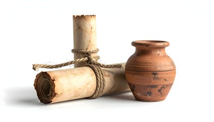 Scroll Tied with Hemp Next to Brown Pottery Vessel on White Background