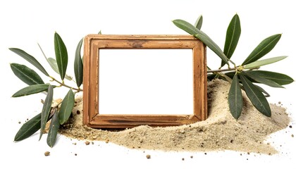 Rustic Wood Frame Nestled in Sand with Olive Branches on White Background
