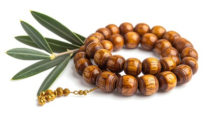 Wooden Prayer Beads with Olive Branch on White Background Still Life