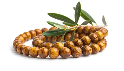 Wooden Bead Bracelet with Green Leaves on White Background