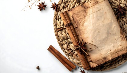 Rustic Spice Arrangement with Cinnamon Sticks and Aged Paper on Woven Mat against White Background