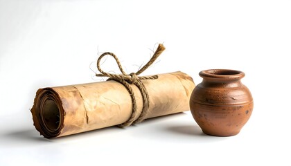 Still Life of Rolled Parchment Scroll Tied with String and Small Pottery Jar on White Background