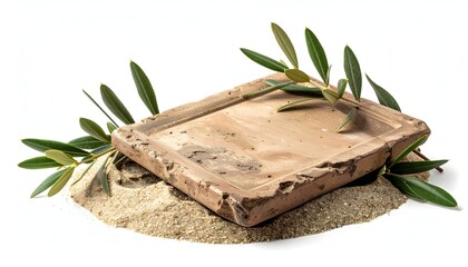 Isolated Beige Stone Slab on Sand with Green Leaves Against White Background