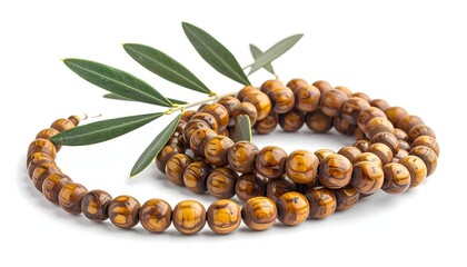 Wooden Prayer Beads with an Olive Branch on White Background Still Life
