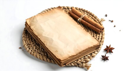 Stack of Aged Parchment Paper with Cinnamon Sticks and Star Anise on Woven Mat