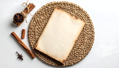 Minimalist Beige Paper on Wicker Mat Surrounded by Cinnamon Sticks and Anise on White Background Under Bright Lighting Flat Lay