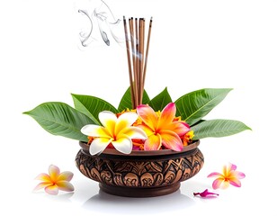 Elegant Arrangement of Flowers Incense and Leaves in Ornate Bowl on White Background