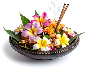 Floral Frangipani Offering in Wooden Bowl with Incense Sticks on White Background