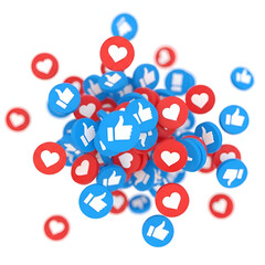A cloud of social media icons including likes and hearts, isolated on a white background