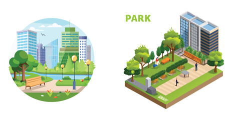 Compact urban pocket park seamlessly integrated into the cityscape Vector art design illustration