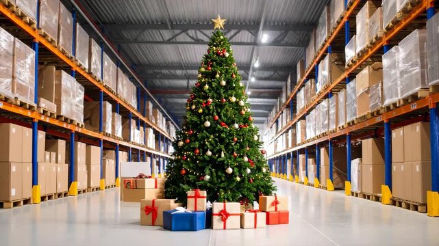 Decorated Christmas tree with presents stands in an aisle in a warehouse with boxes stacked on shelves during the holiday season