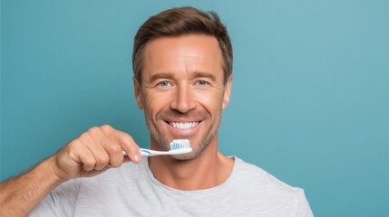 Man holding a toothbrush with toothpaste, preparing for dental hygiene.