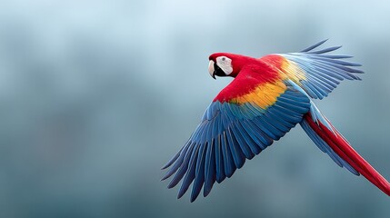 Colorful parrot is flying in the sky. The bird is red, yellow, and blue