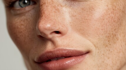 Obraz premium そばかすのある女性の肌のアップ。美容やスキンケアのイメージに最適な素材。