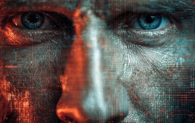 Naklejka premium Futuristic portrait of human face technology digital transformation neural network art ai double exposure concept