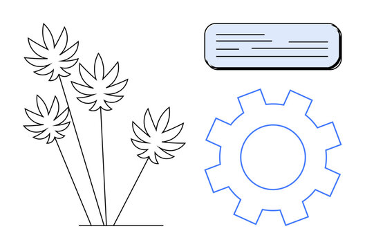 Minimalist plants, a blue gear outline, and a text box. Ideal for eco-concepts, productivity, innovation, technology, environment branding and sustainability. Simple flat metaphor