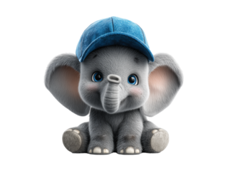 Cute baby elephant cartoon sticker wearing a tiny blue cap isolated on transparent White background png