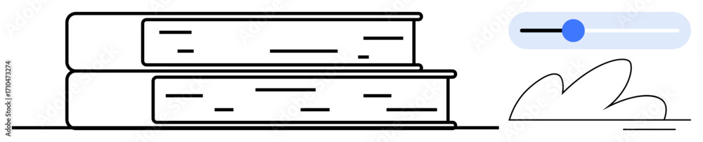 Poster two books stacked horizontally, a progress slider with a blue marker, and a minimalistic cloud. idea