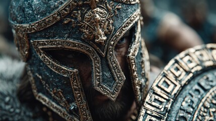 Obraz premium Viking Warrior Close-Up Portrait with Ornate Helmet and Intense Gaze