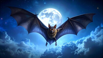 A vampire bat with giant wings glowing eyes flying across a full moon indigo background
