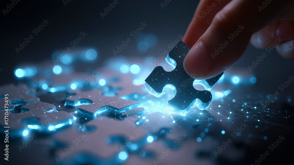 Poster puzzle pieces connect and create a glowing bloom in mid-air during a digital art representation of c