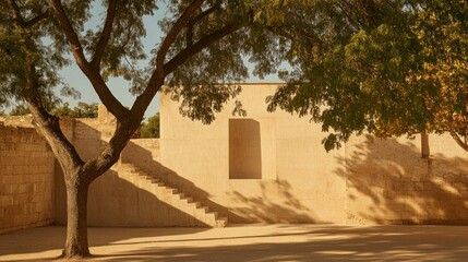 Obraz premium Minimalist Architecture: Stairway to Nowhere, Framed by Trees in Warm Light