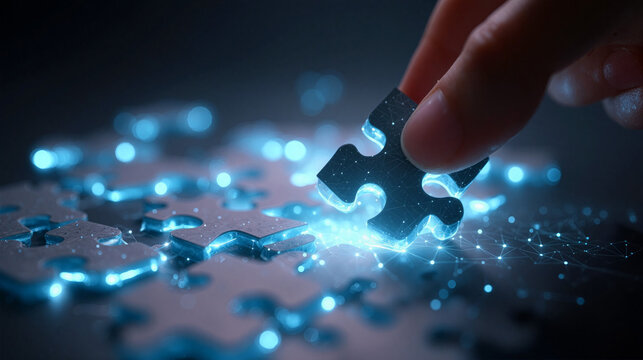 Puzzle pieces connect and create a glowing bloom in mid-air during a digital art representation of creativity
