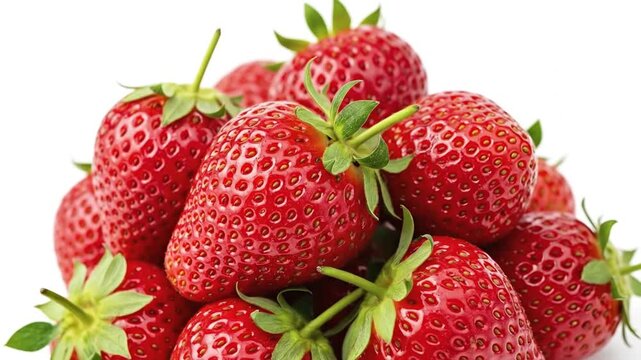 A vibrant cluster of ripe red strawberries with green stems and leaves piled against a clean white background