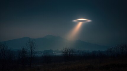 Glowing UFO hovering above mountains with beam of light.