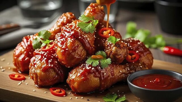Glazed chicken pieces with sesame seeds chili and cilantro on a wooden board served with a side of dipping sauce