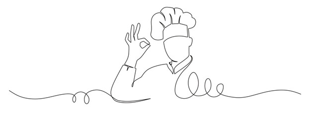 continuous line art of a chef wearing a hat showing a delicious finger sign. this icon is for a sticker or banner and a restaurant logo