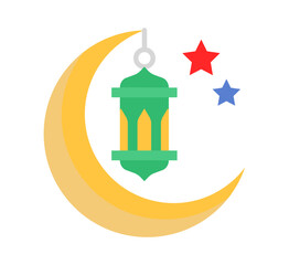 Festive Islamic crescent moon with hanging lantern and stars creates a celebratory atmosphere for religious holidays and cultural events.