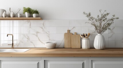 Minimal kitchen with wooden countertop, white tiles, and decor items.