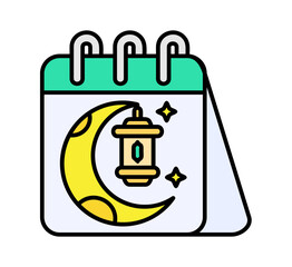 Celebrate Ramadan with a beautiful crescent moon, ornate lantern, and sparkling stars marking important dates on a calendar page.