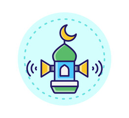 Vibrant Islamic mosque tower with crescent moon and sound waves, symbolizing spiritual broadcast and community connection.