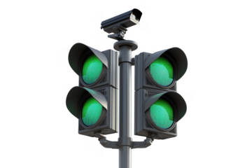 Illuminated green traffic signals with a surveillance camera depicted on a transparent background
