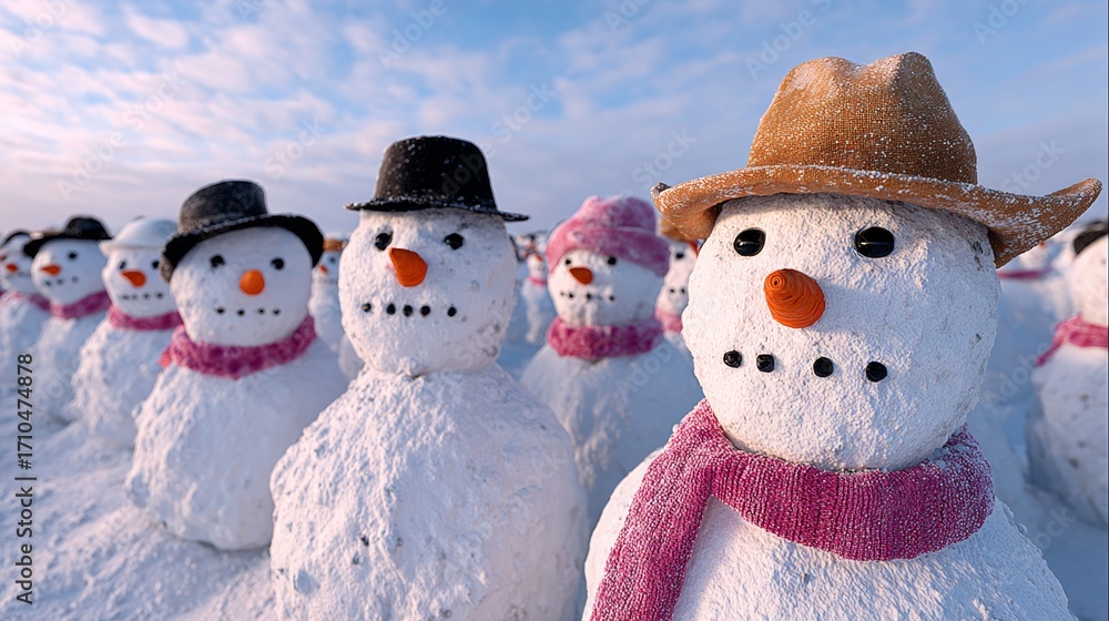 Poster group of snowmen wearing hats and scarves are lined up in a row. the snowmen are all different sizes