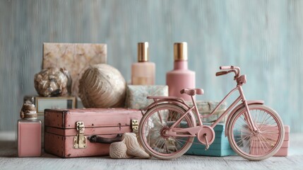 Vintage still life with pink bicycle, suitcases, shells, and perfume bottles.