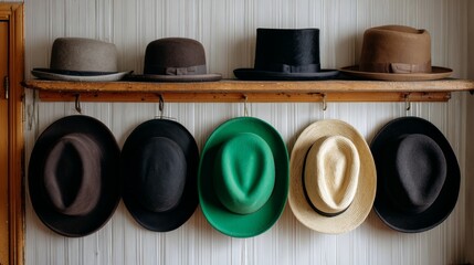 Row of hats hanging on a wooden shelf. The hats are of different colors and styles. Concept of variety and individuality, as each hat represents a unique personality or fashion preference