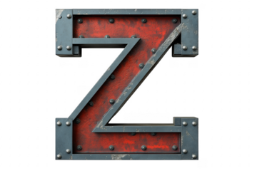 Industrial metal letter z illuminated with red aged paint isolated on transparent background