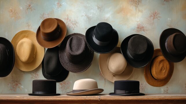 Row of hats of various colors and styles are displayed on a shelf. The hats are arranged in a way that they are all facing the same direction, creating a sense of order and organization