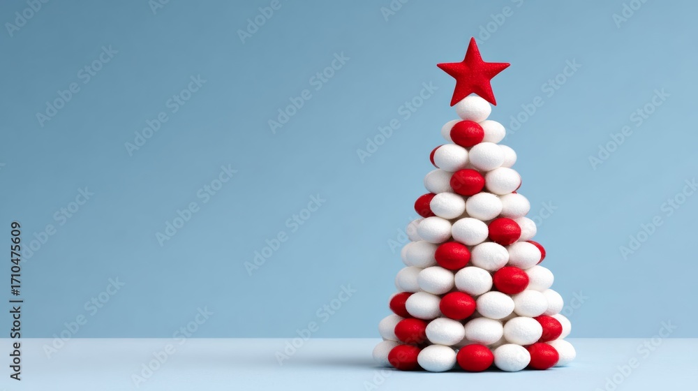 Poster christmas tree made of eggs and a star on top. the tree is tall and has a red and white color scheme