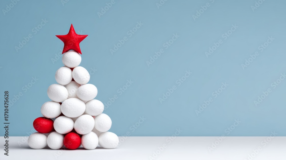 Poster christmas tree made of eggs with a red star on top. the tree is tall and has many eggs stacked on to