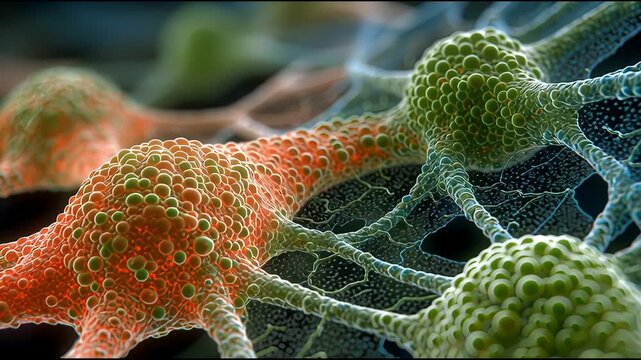 Detailed science illustration of glial cell pathology within brains complex neuron network for medical study