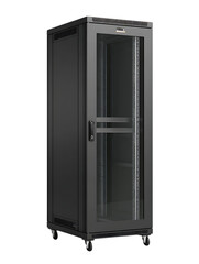 Fototapeta premium Black server rack cabinet with transparent front door and wheels isolated on transparent background