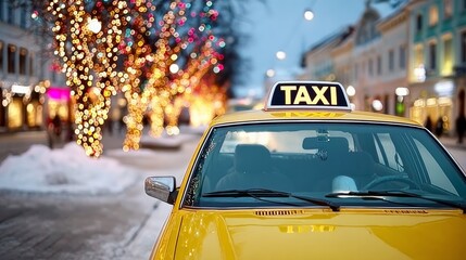 Fototapeta premium Yellow taxi is parked on a snowy street. The taxi is surrounded by Christmas lights, creating a festive atmosphere