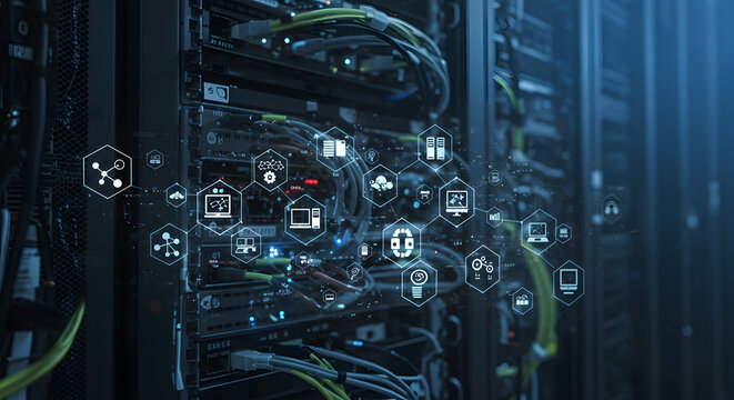 Server Room Data Network with Hexagon Icons